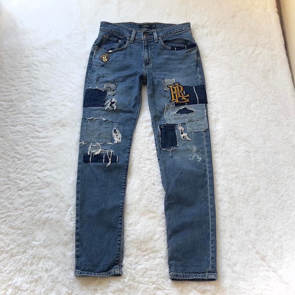Lauren Ralph Lauren Patchwork Jeans Preppy Logo Relaxed Tapered Blue - Size 2